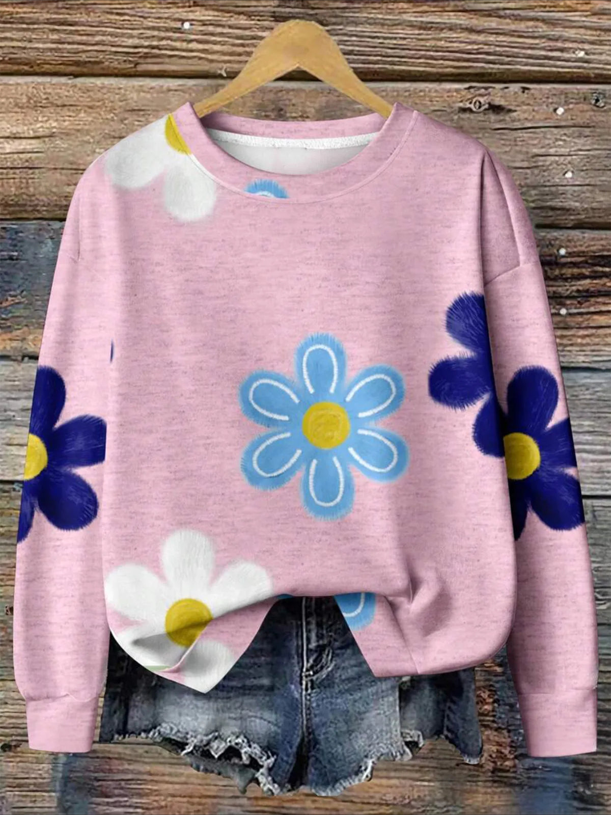 Floral Vintage Cotton-Blend Crew Neck Sweatshirt