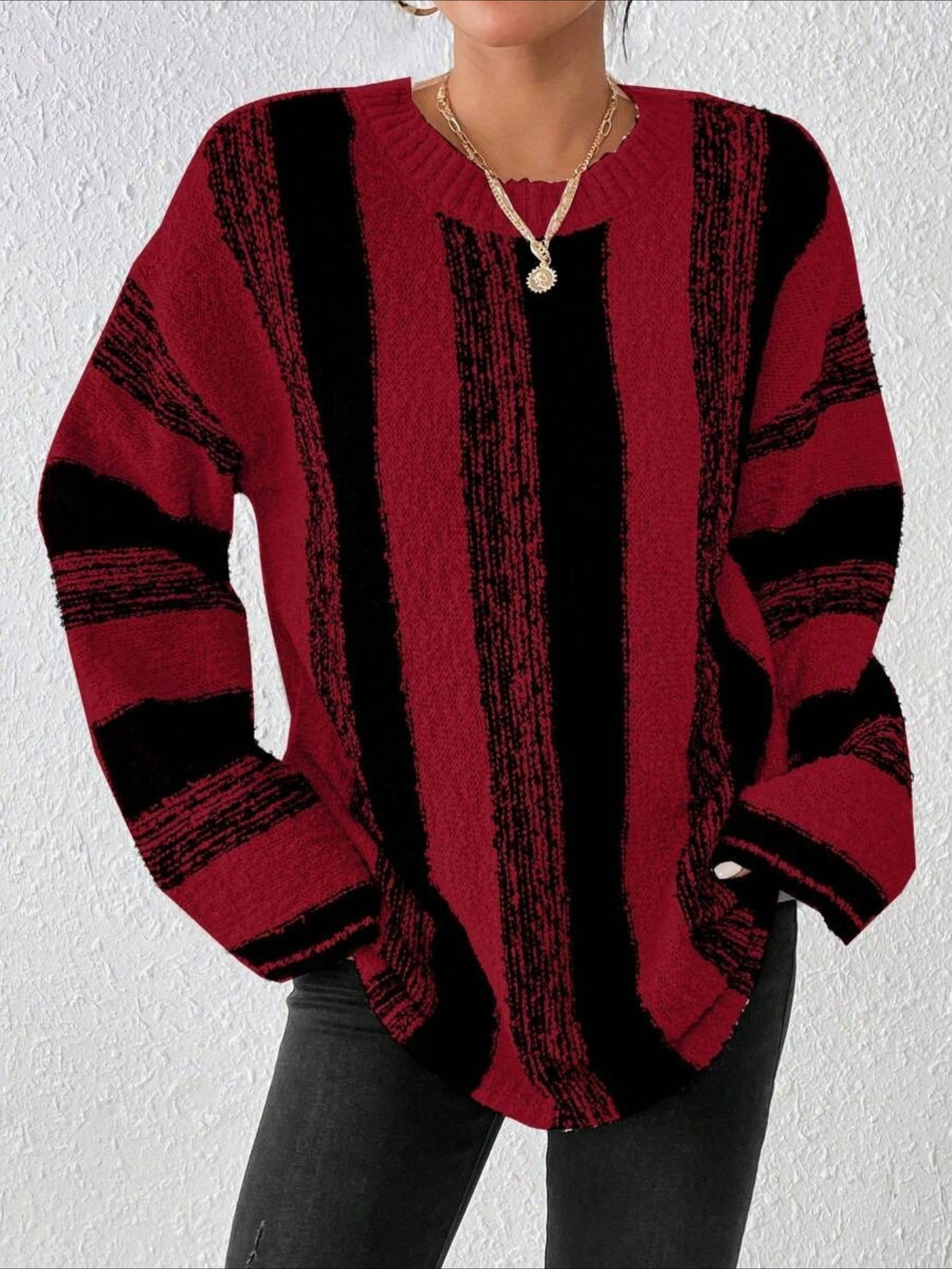 Striped Split Joint Winter Casual Long Sleeve Crew Neck Sweater