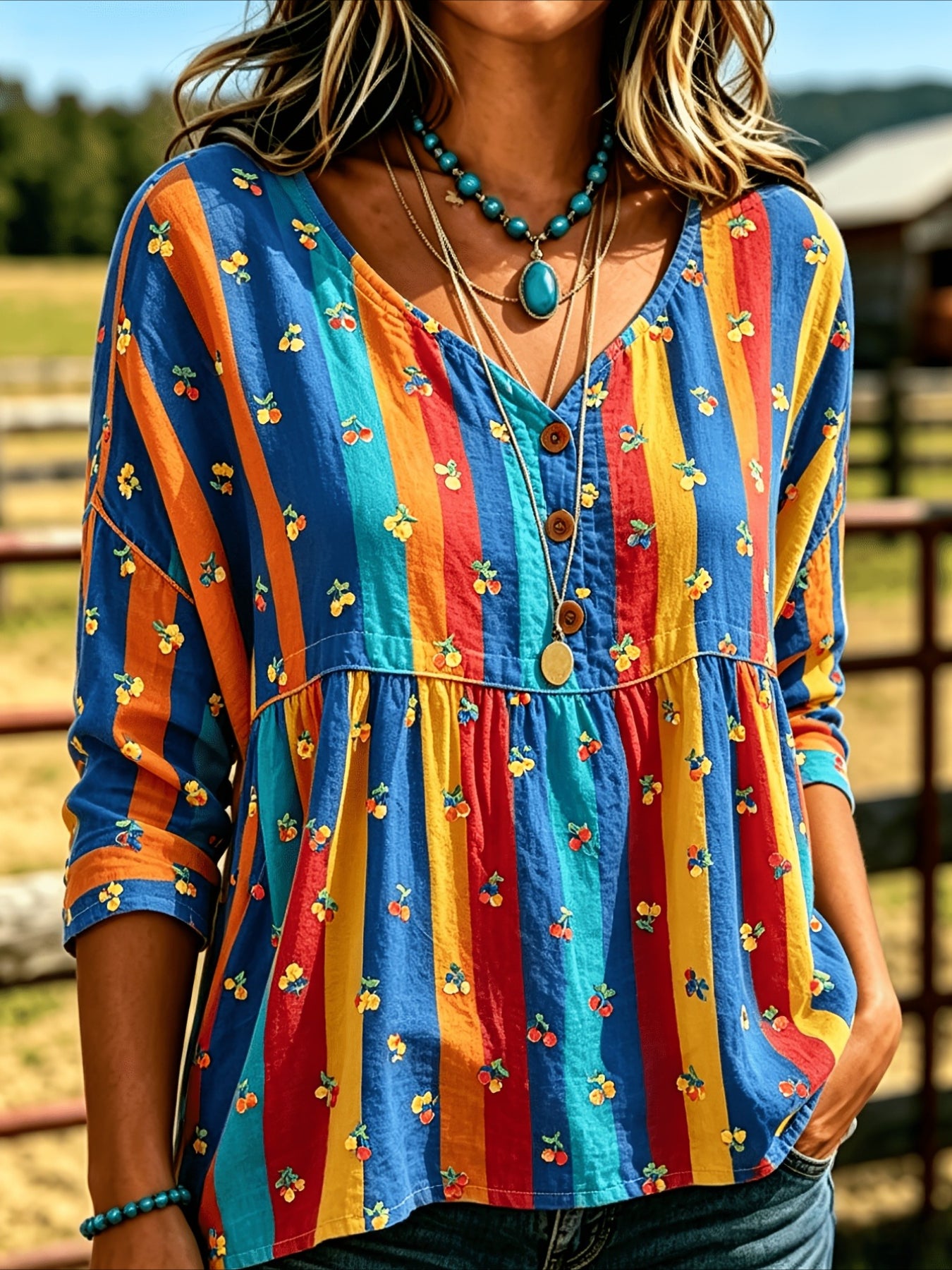 Floral Print 3/4 Sleeve V-Neck Three-Button Front Babydoll Blouse