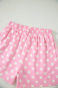 Pink Polka Dot Print Color Block Trim Mock Neck Short Set