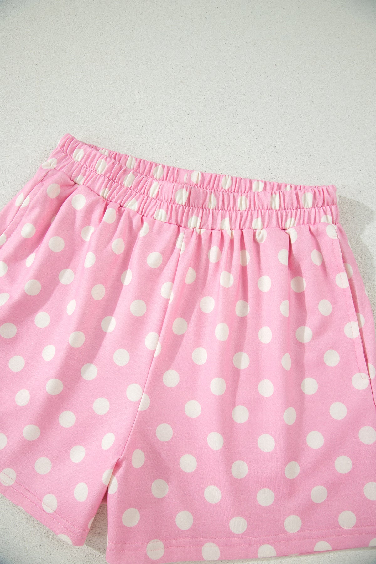 Pink Polka Dot Print Color Block Trim Mock Neck Short Set
