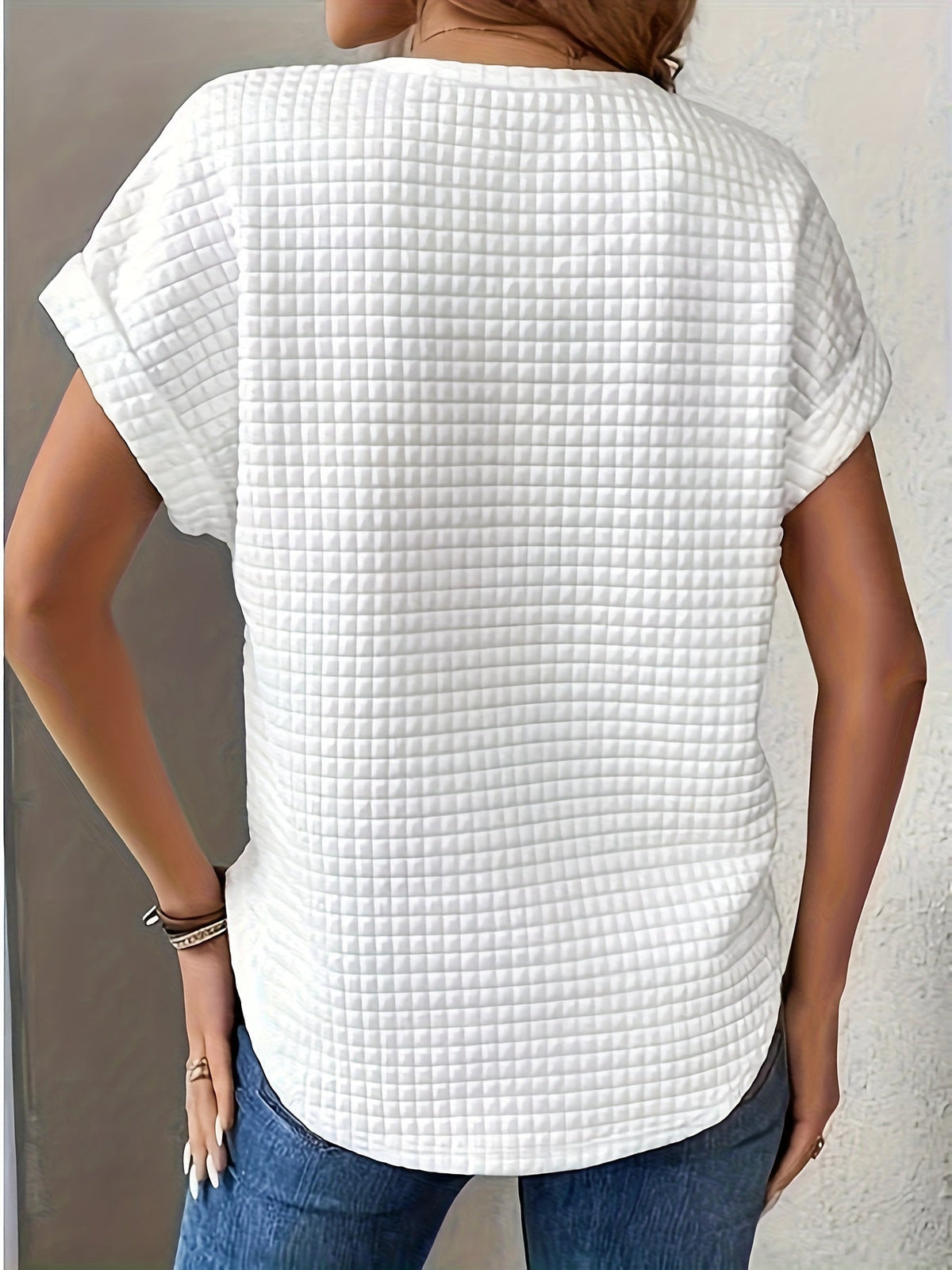 Plaid Textured Solid T-Shirt, Casual Short Sleeve Top