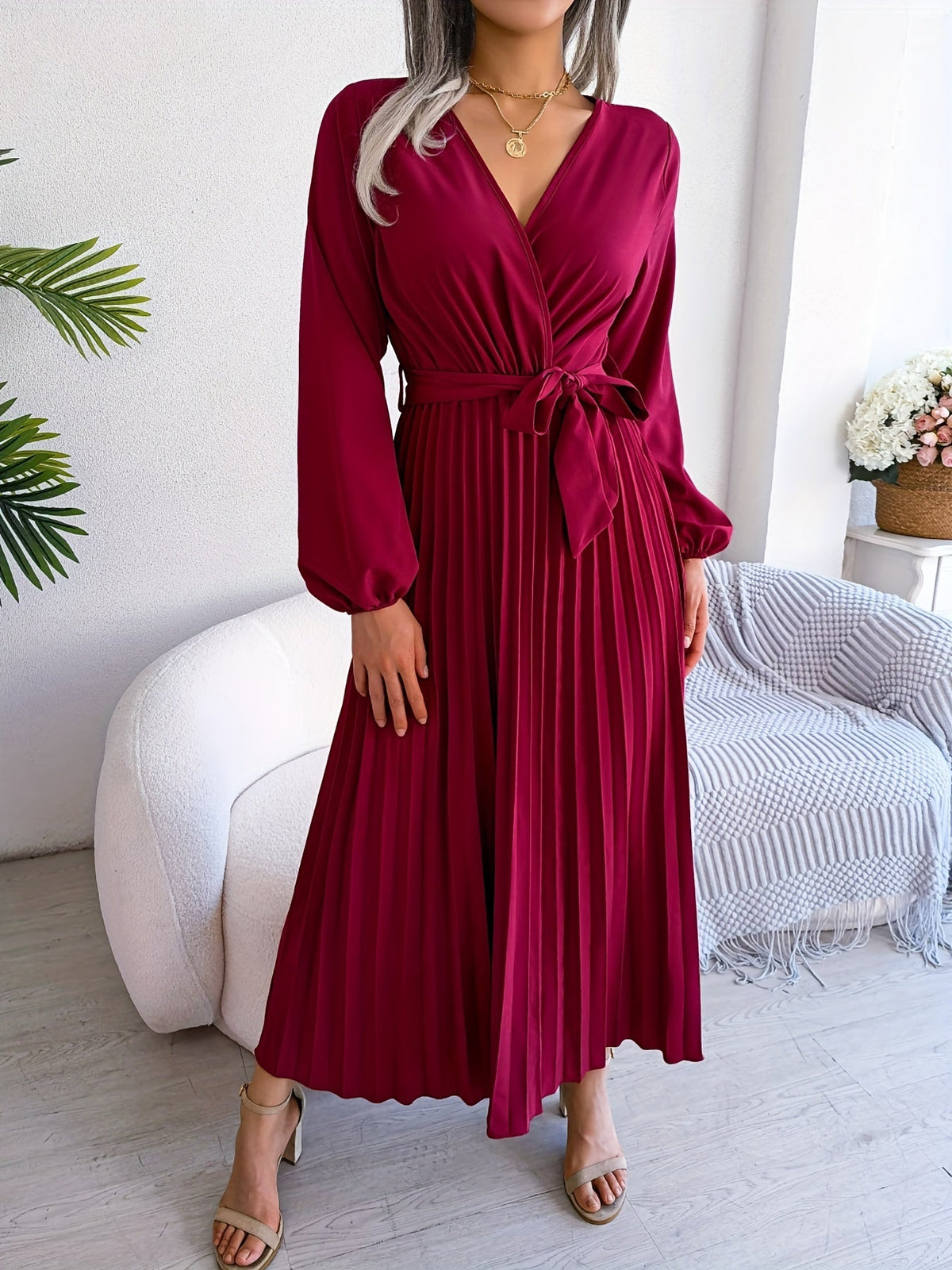 Pleated Surplice Neck Dress, Elegant Long Sleeve Solid Dress, Women's Clothing