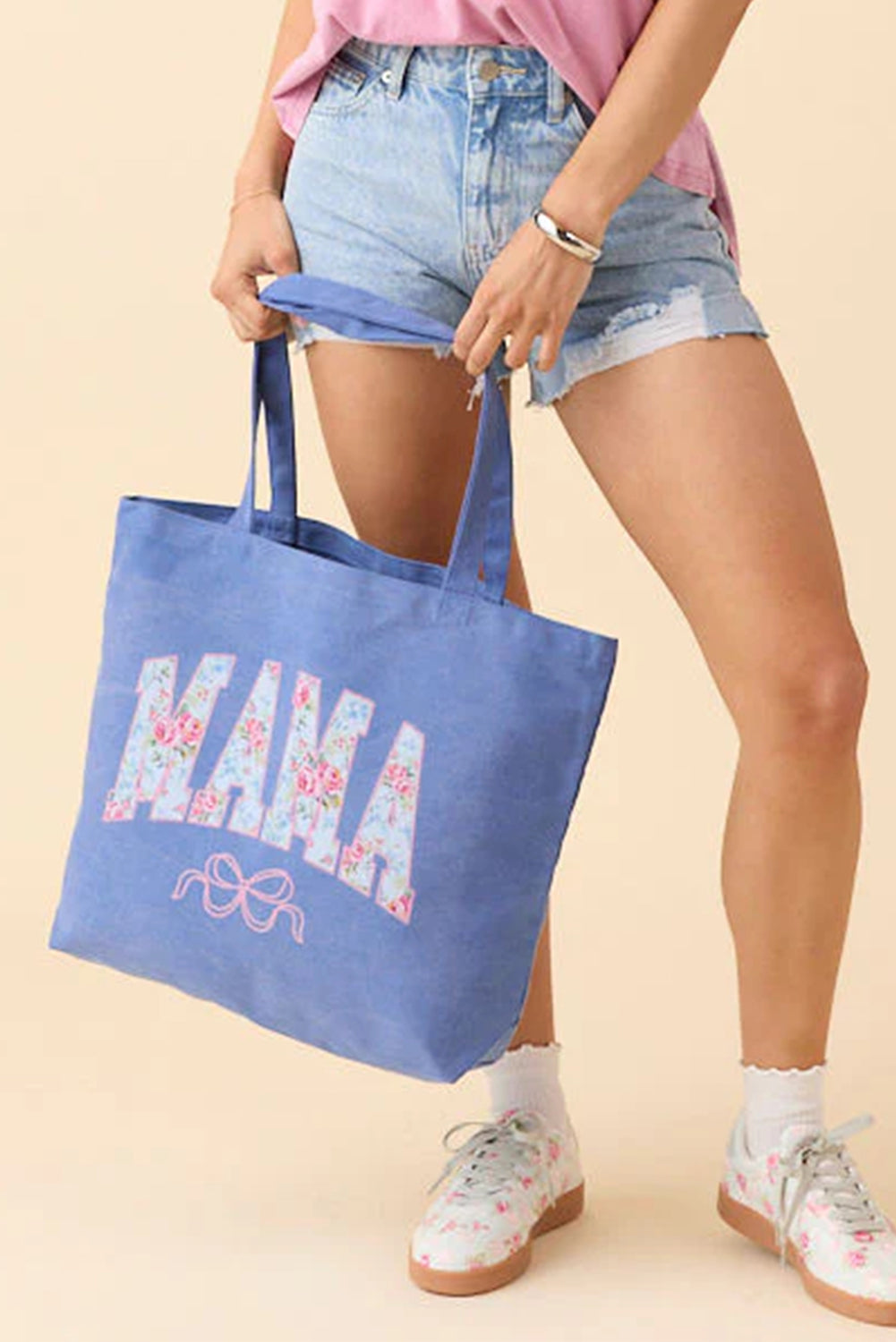 Blue Floral MAMA Letter Bow Print Canvas Tote Bag