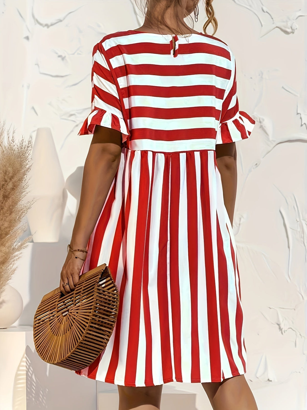 Short Sleeve Beach Dress, Crew Neck Vacation Casual Dress