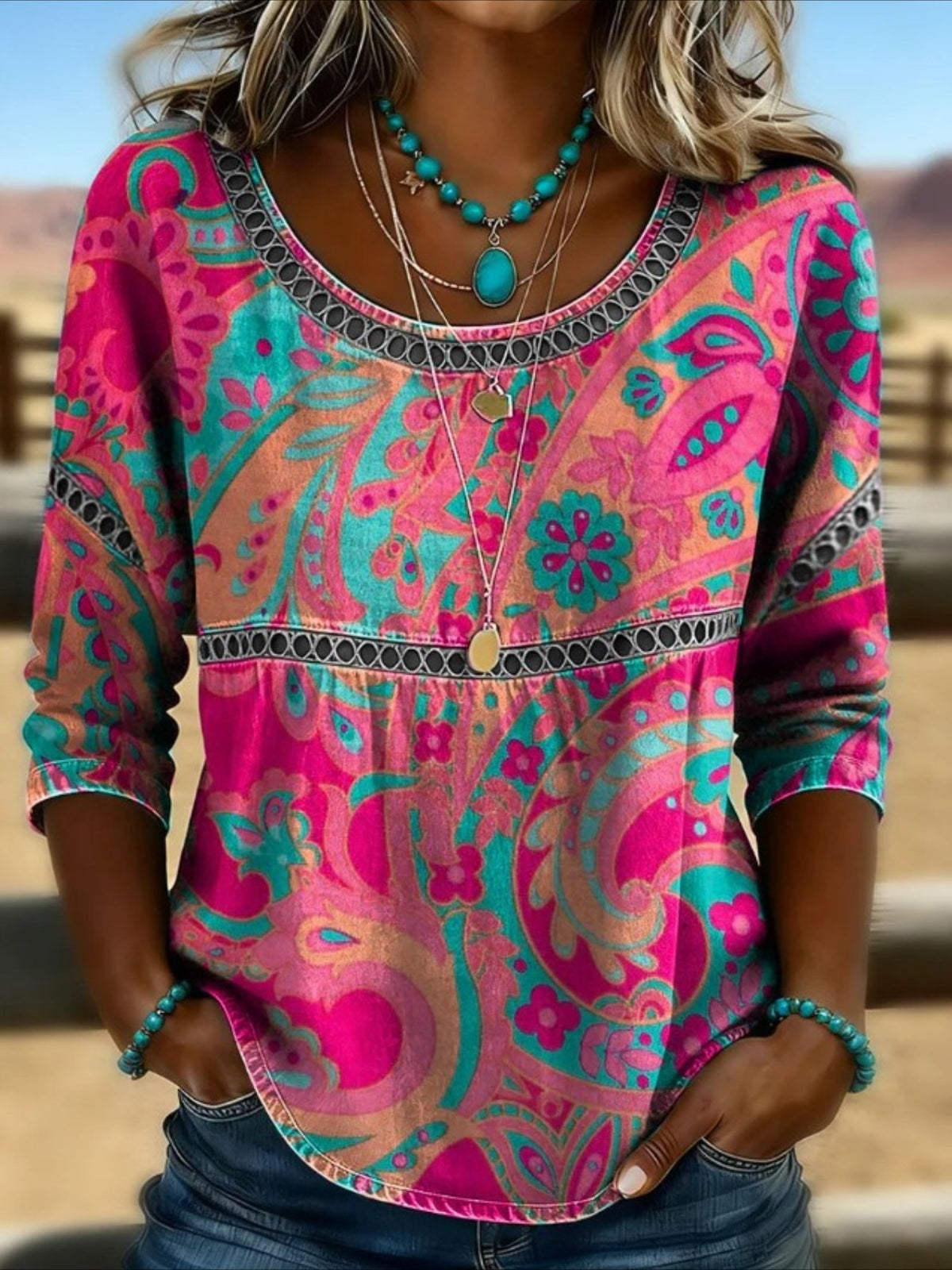 Printed Mid Sleeve Pleated Round Neck Top