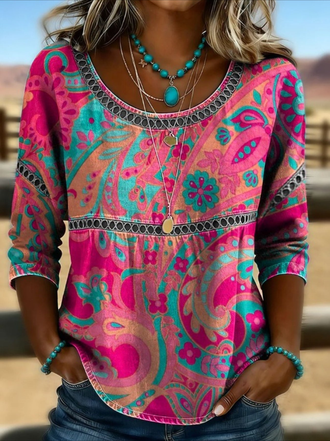 Flower Printed Mid Sleeve Pleated Round Neck Top