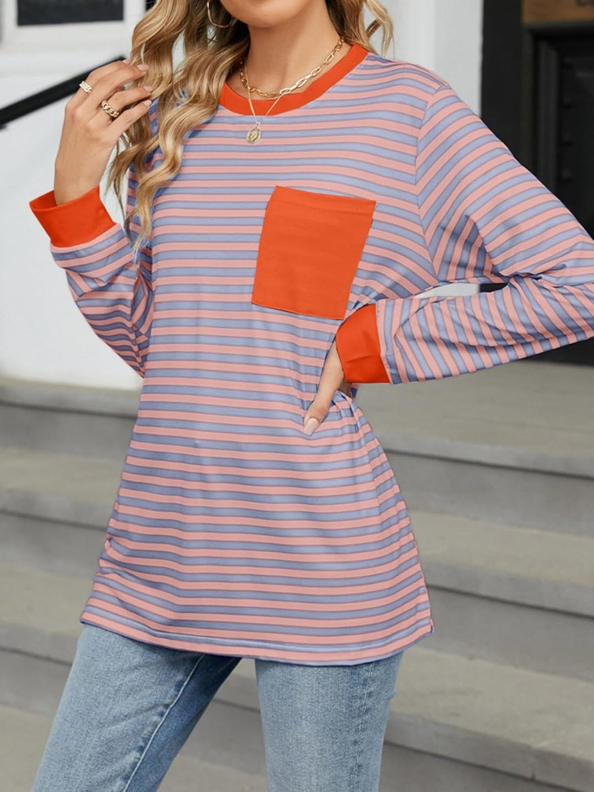 Women's Striped Long Sleeve Shirts Color Block Loose Pullover Tops Crew Neck Casual Blouse Sweatshirts Fall Outfits