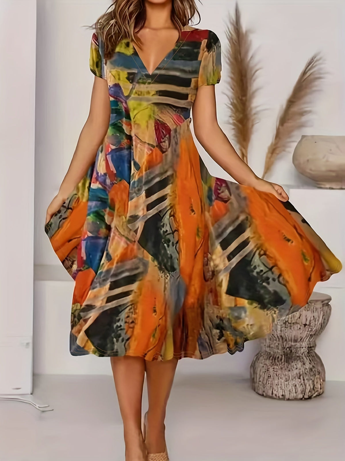 Short Sleeve V Neck Dress, Bohemian Casual Dress