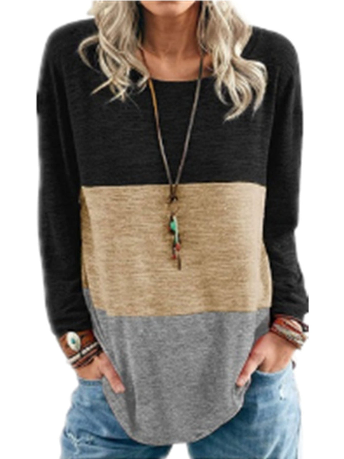 Women's Colorblock Long Sleeve Round Neck Medium Stretch Top