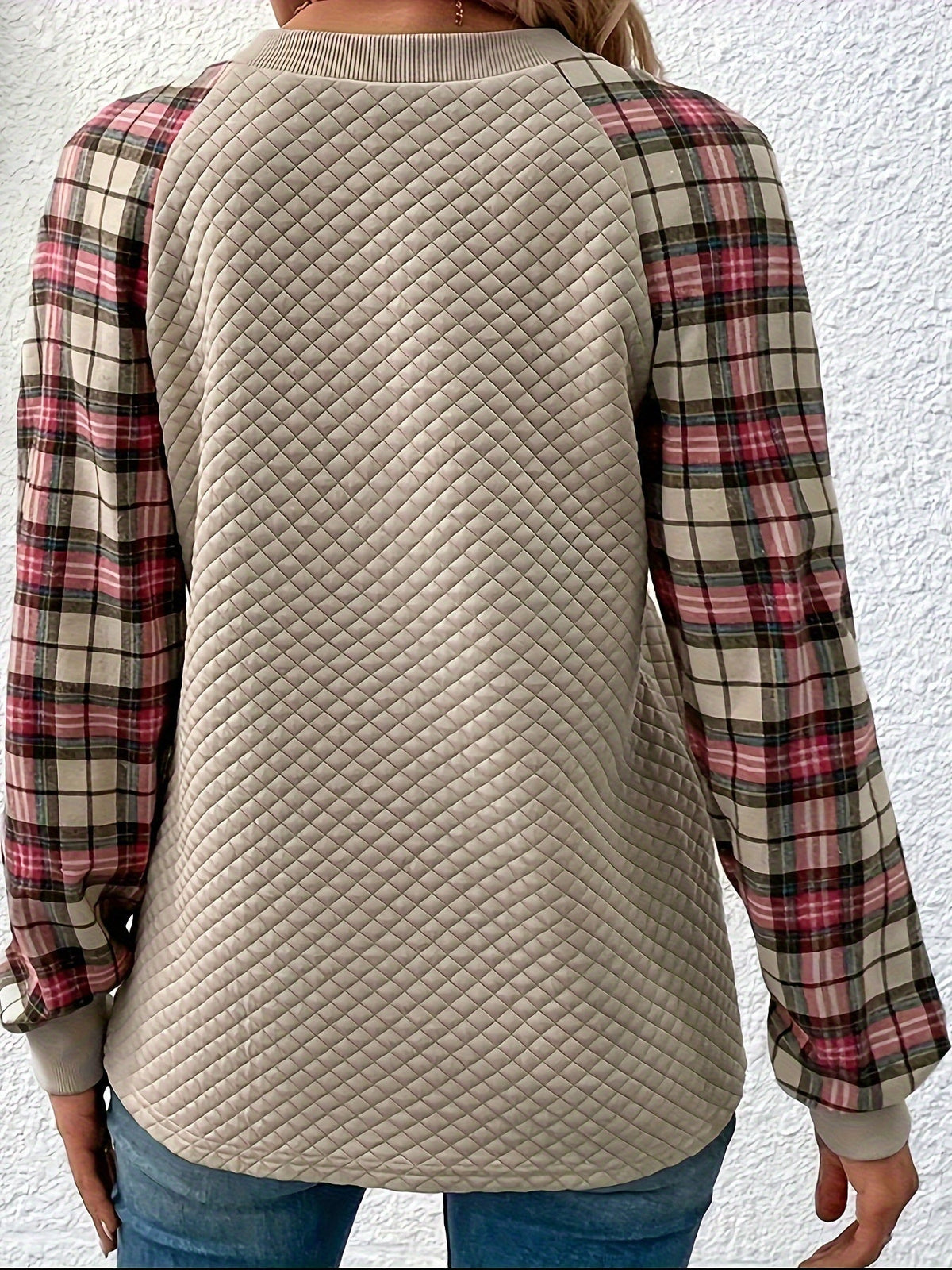 Plaid Print Button Front Crew Neck T-Shirt, Casual Long Sleeve Top