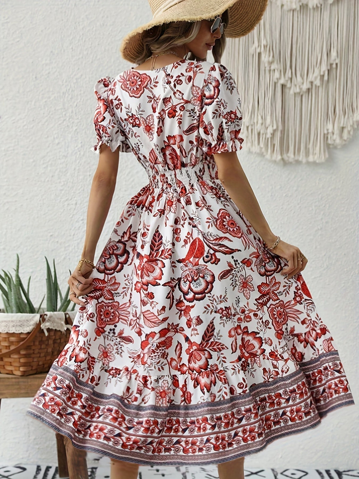 Floral Print V Neck Dress, Elegant Short Sleeve Dress