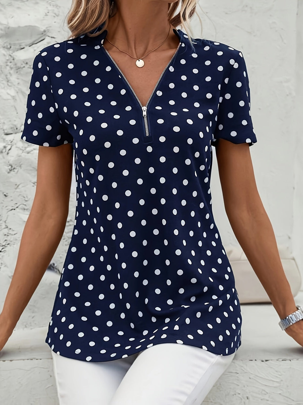 Polka Dots Print V Neck Blouse, Elegant Zipper Front Short Sleeve Blouse