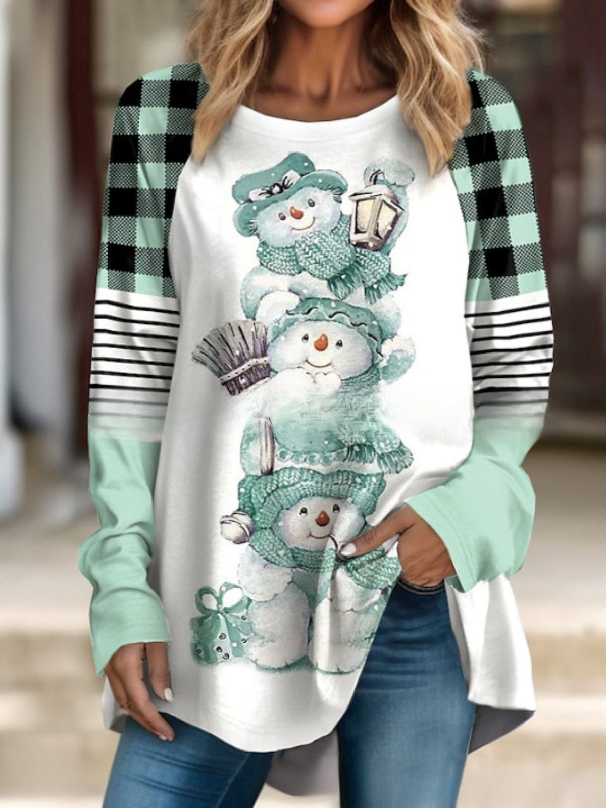 Casual T-shirt, Women's Colorblock Gingham & Stripe & Bear Print Long Sleeve Round Neck Tunic Top