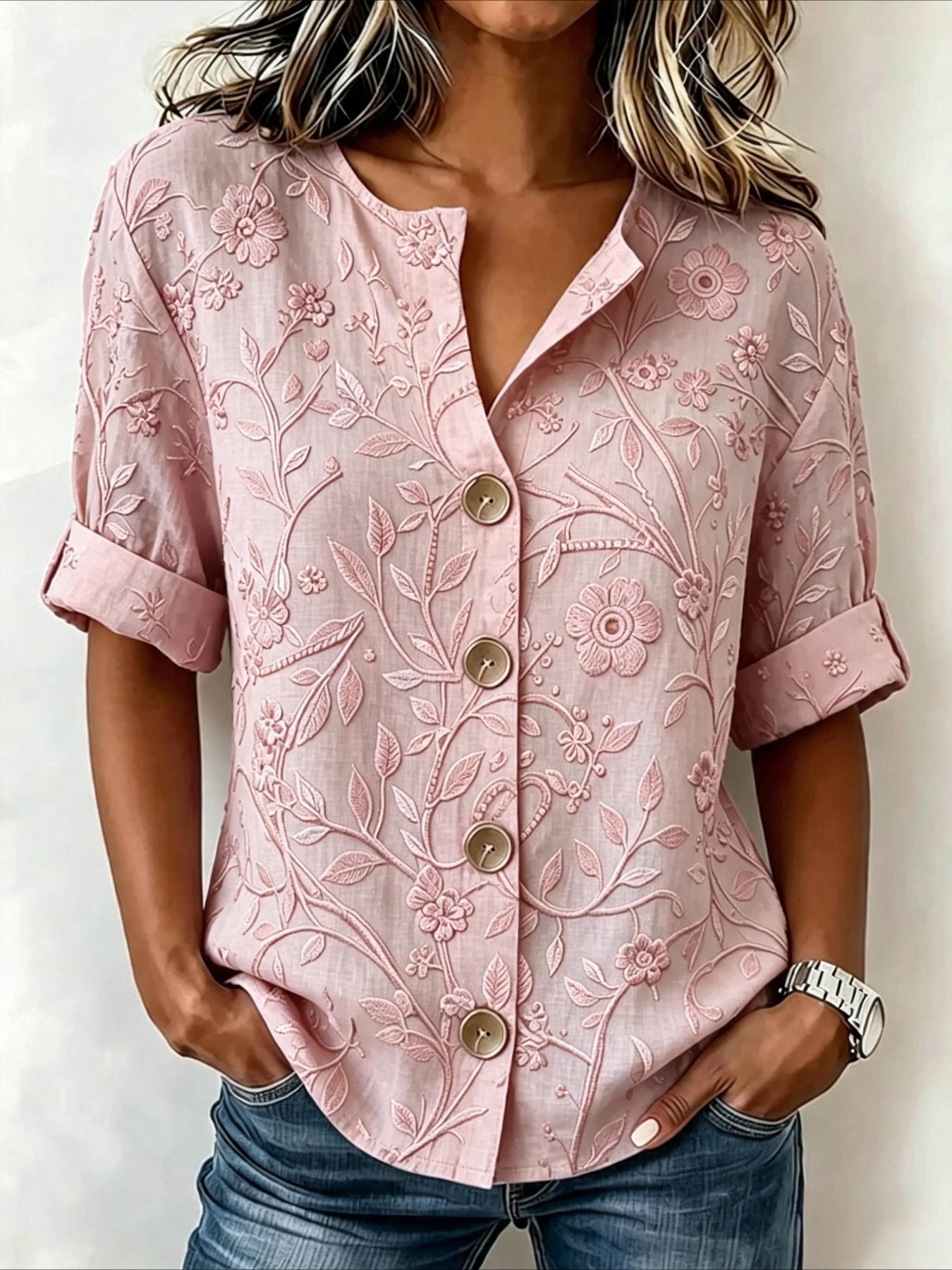Floral Loose Stand Collar Simple Linen Blend Long Sleeve Shirt