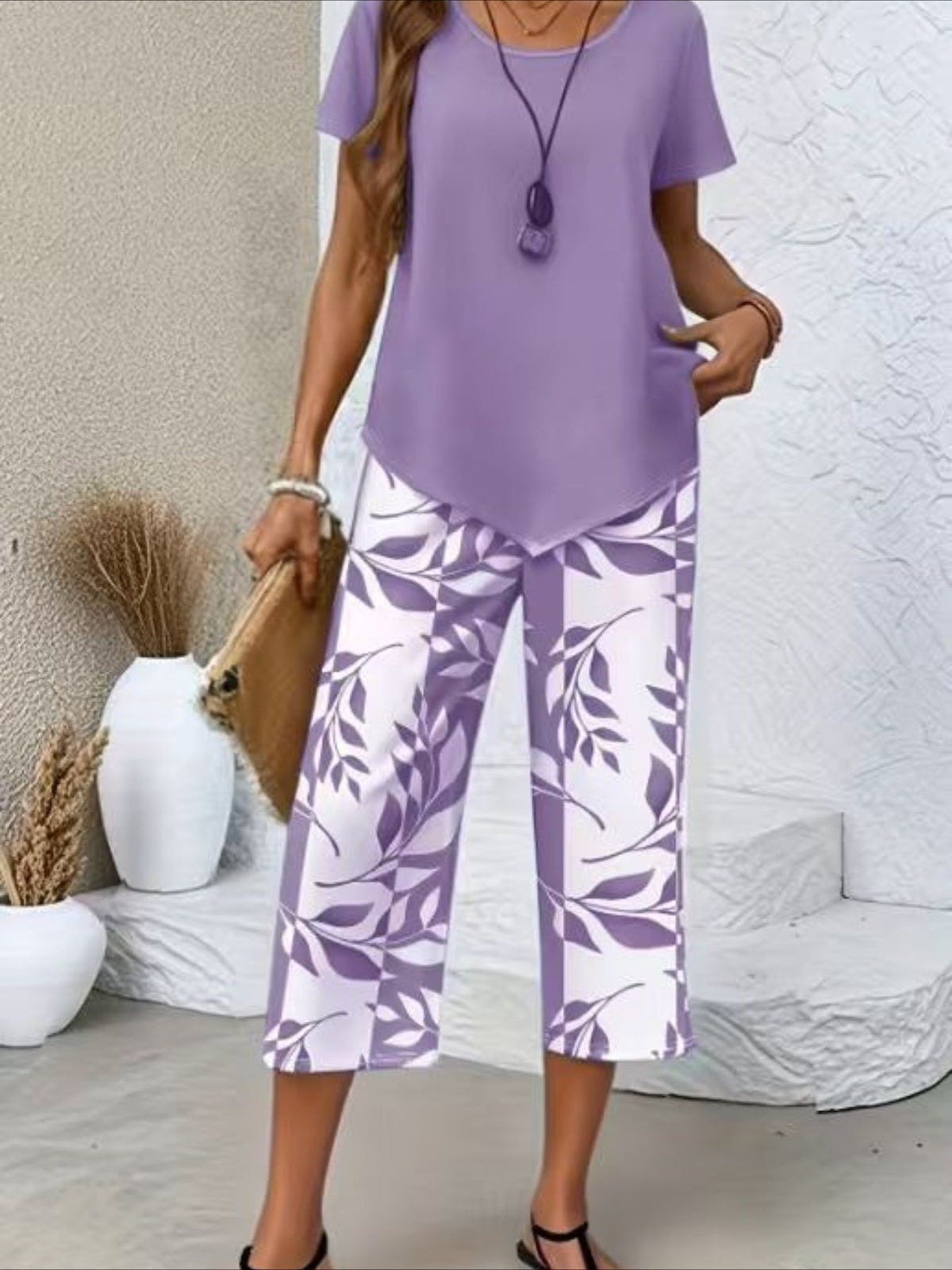 Solid Round Neck Short Sleeve Top With Floral Printing Pants Casual Two-Piece Set