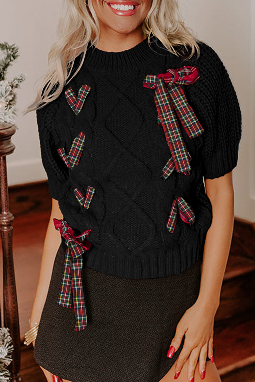 Black Plaid Lace up Detail Christmas Holiday Puff Short Sleeve Sweater
