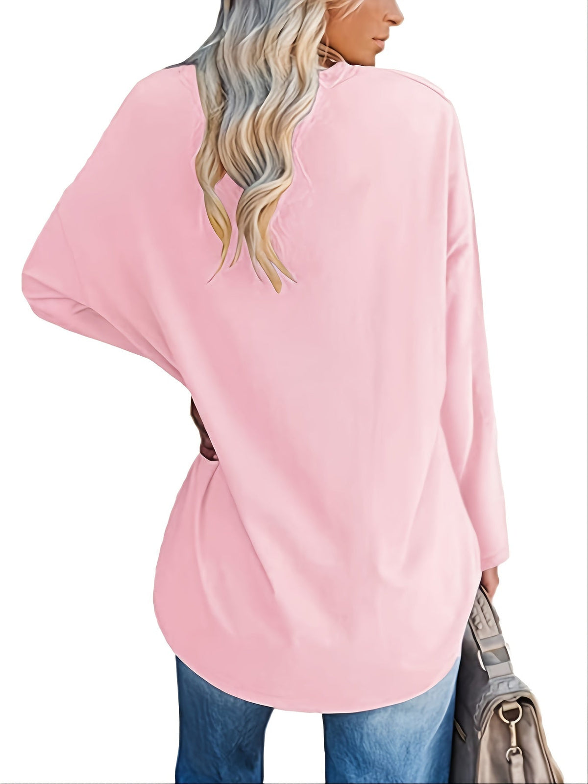 Women's Solid Color Oversized Tops, V-Neck Long Sleeve T-Shirts, Casual Loose Shirts