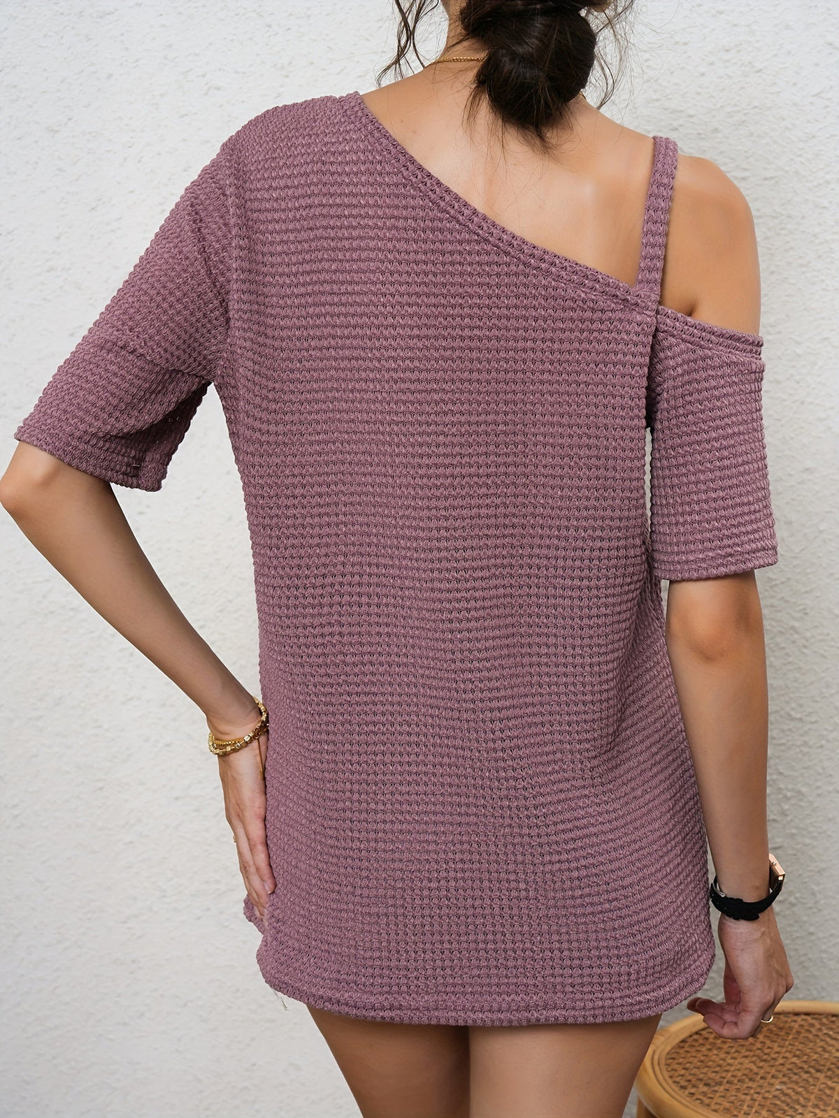 Women's Asymmetrical Waffle Blouse with Slanted Chain Shoulder and Short Sleeves