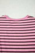 Rose Stripe Striped V-Neck Ribbed Collar Cuff Gathering Puff Sleeve Top