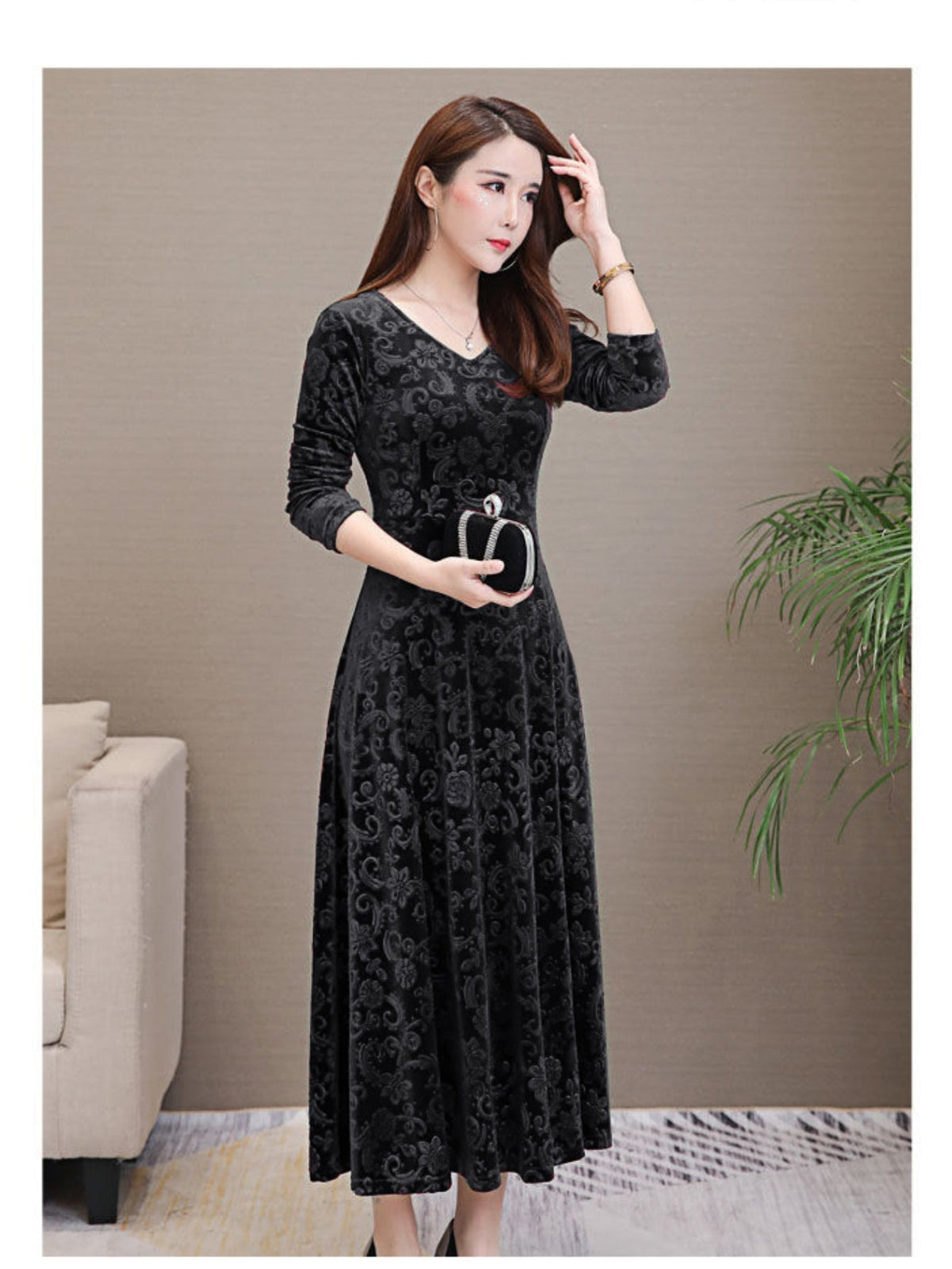 Solid Color Long Sleeve Dress, Elegant V Neck Flared Dress