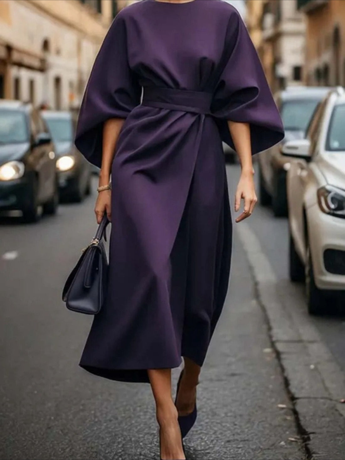 Elegant Solid Color Waist Seven Quarter Sleeve Round Neck Dress