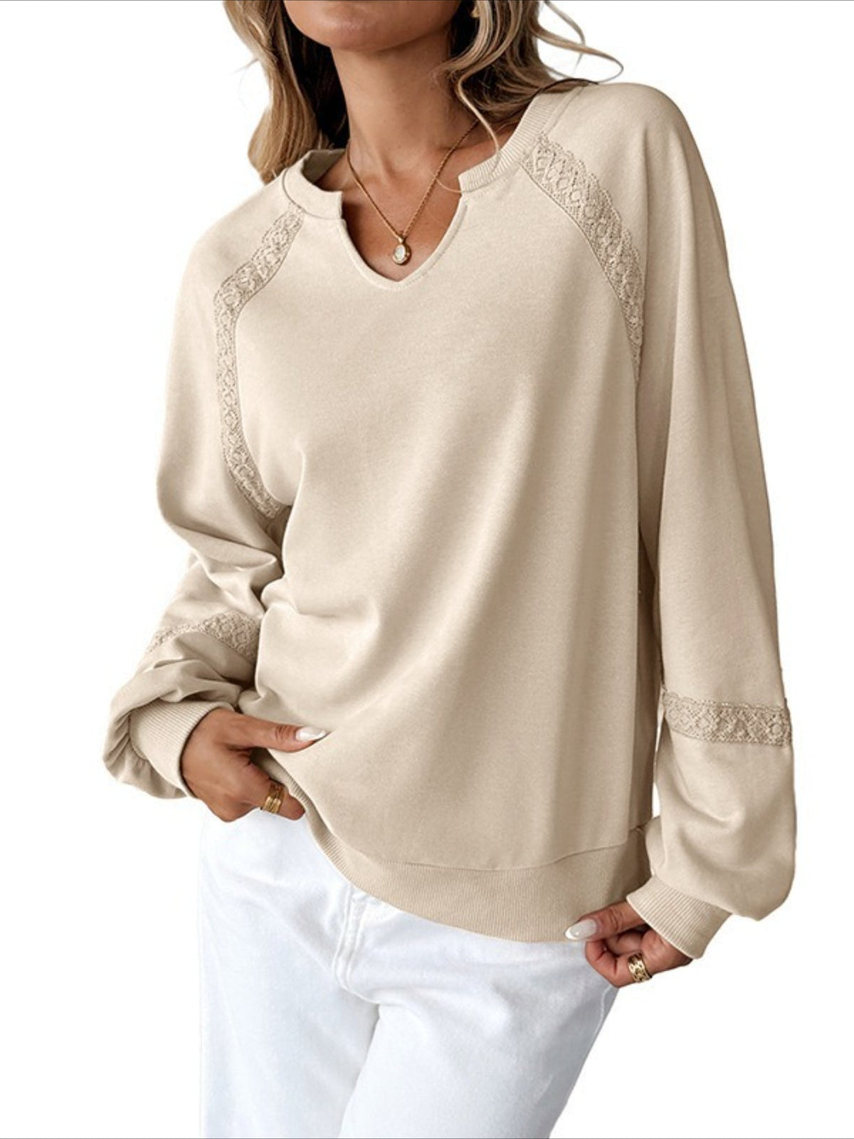 Solid Color Half-open Neck Splicing Lace Loose Fashion Long-sleeved Top
