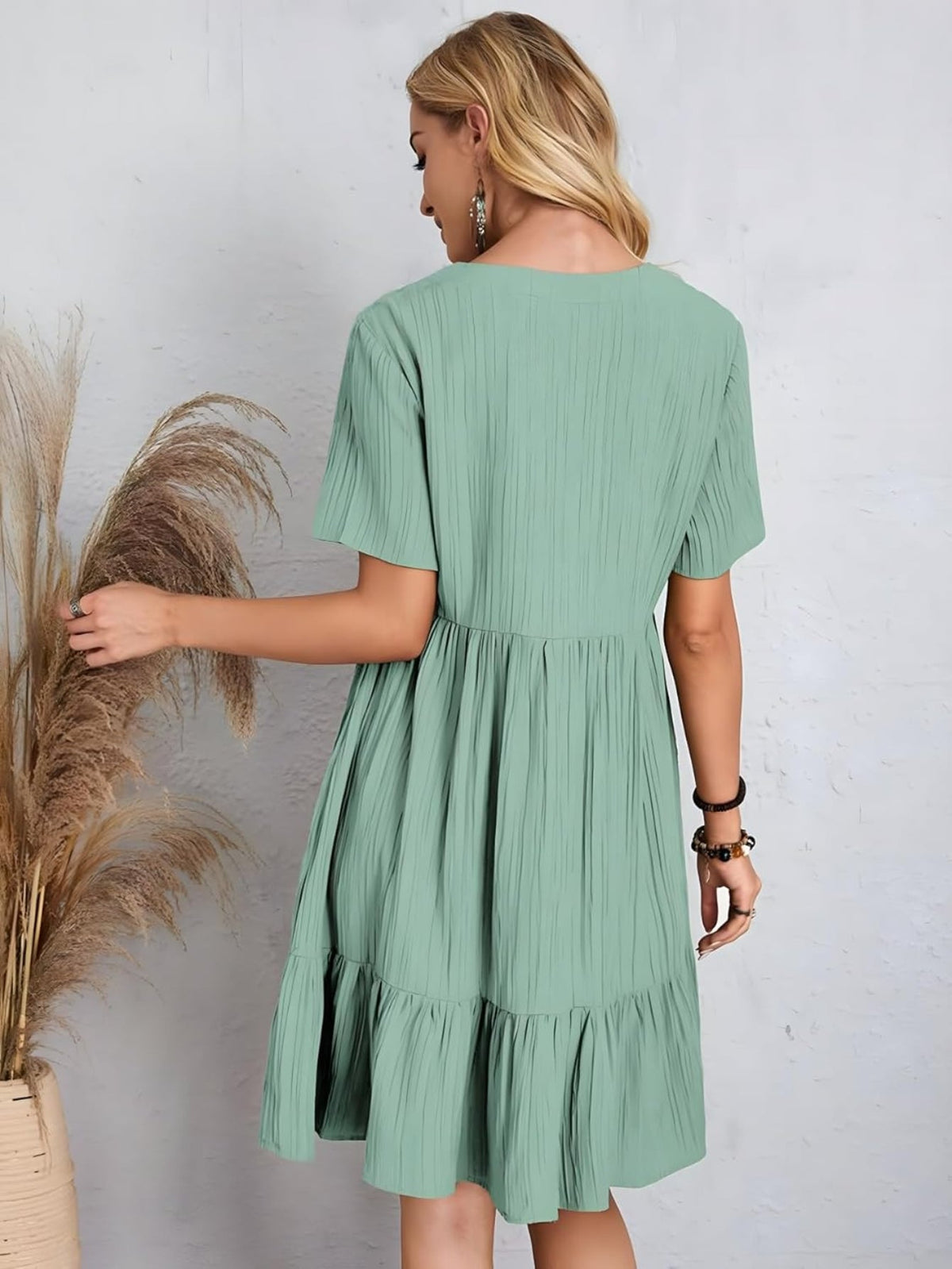 Short Sleeve V Neck Ruffle Mid Dress