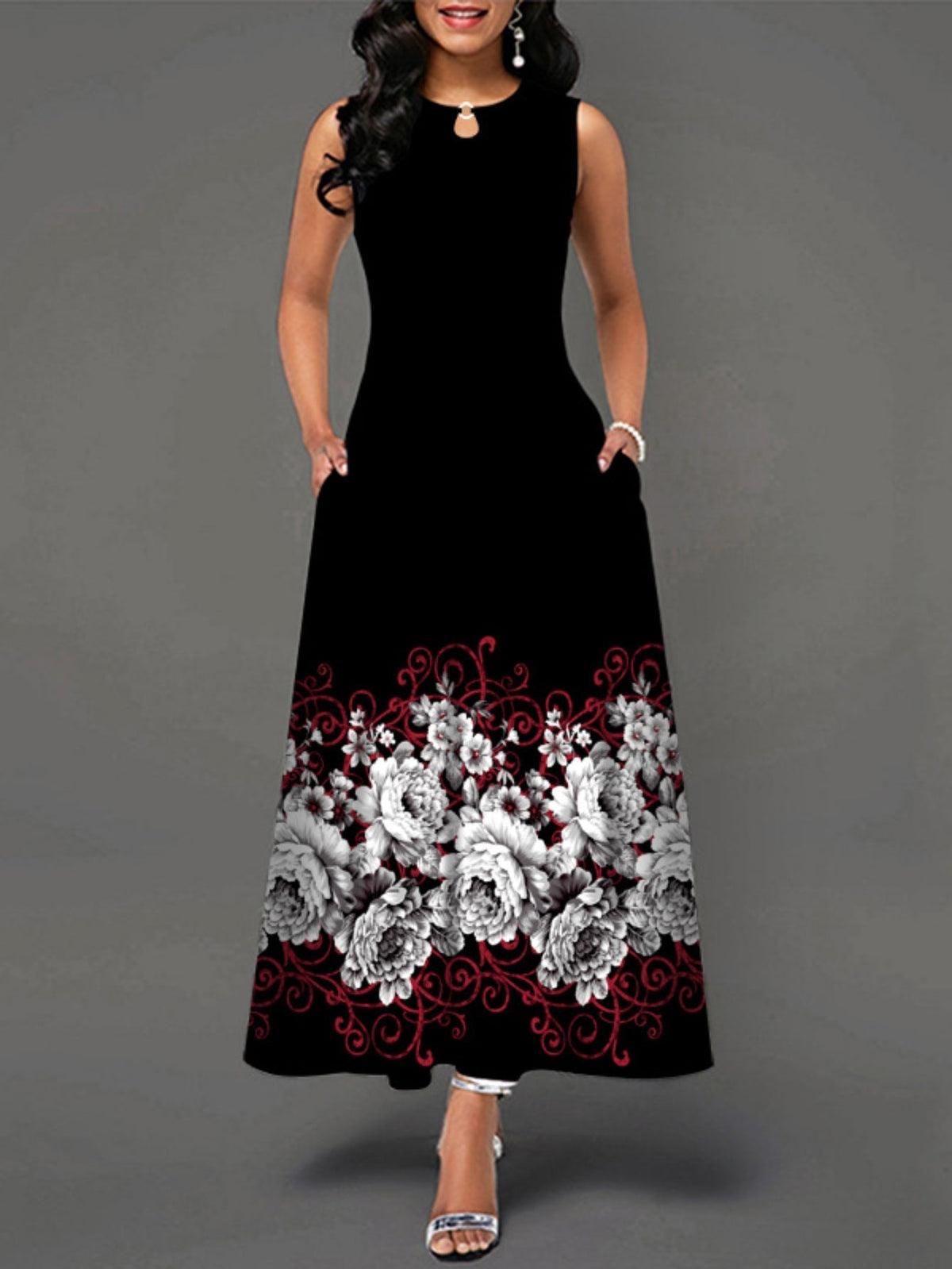 Casual Tank Dress, Colorblock Floral Print Cut Out Round Neck Medium Stretch Maxi Tank Dress