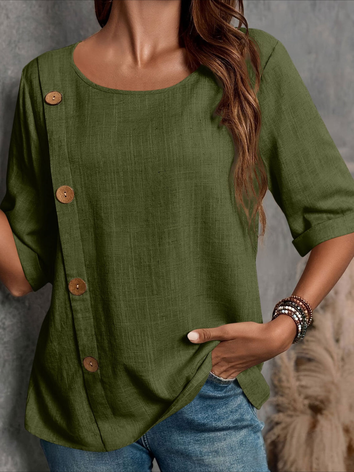 Vintage-Inspired Button-Up Round Neck Blouse with Puffed Sleeves