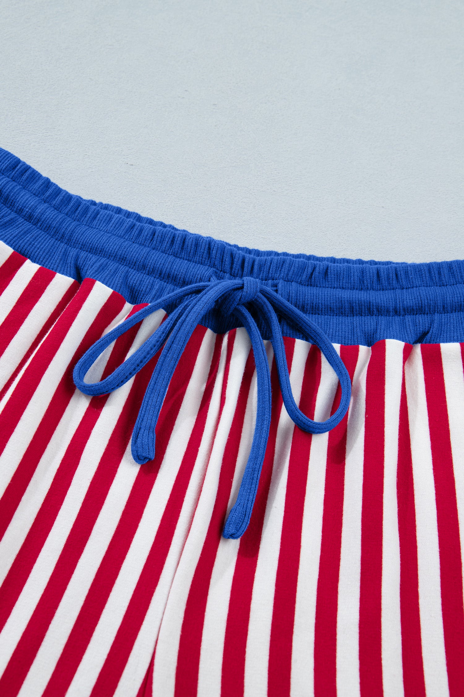 Red Stripe Colorblock Trim V Neck Tee Drawstring Elastic Waist Short Set