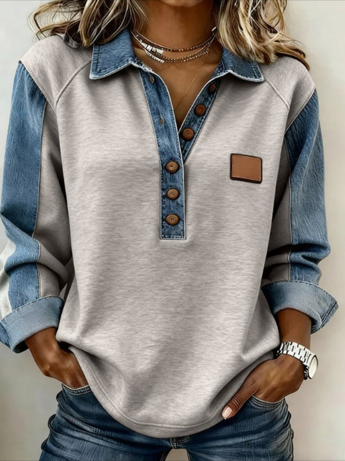 Casual Shawl Collar Color Block Sweatshirt