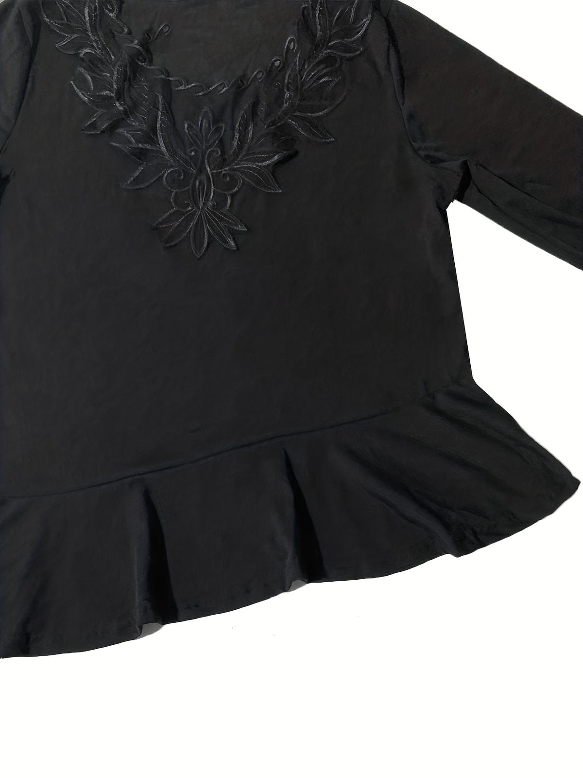 Contrast Lace Ruffle Hem Crew Neck T-Shirt, Casual Long Sleeve Top