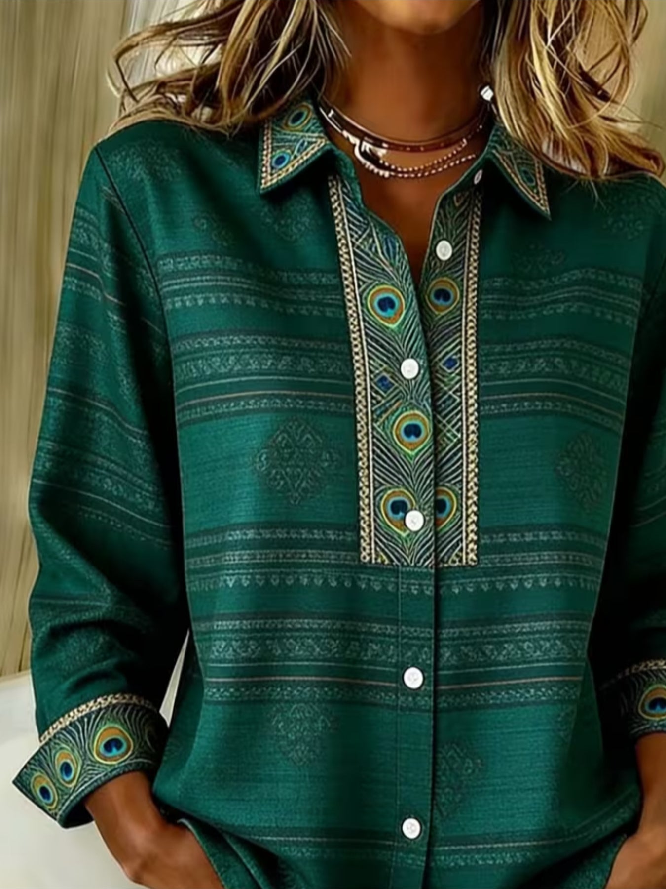 Peacock Feather Print V Neck Long Sleeve Plain Regular Micro-Elasticity Regular Fit Shirt