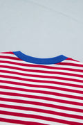 Red Stripe Colorblock Trim V Neck Tee Drawstring Elastic Waist Short Set