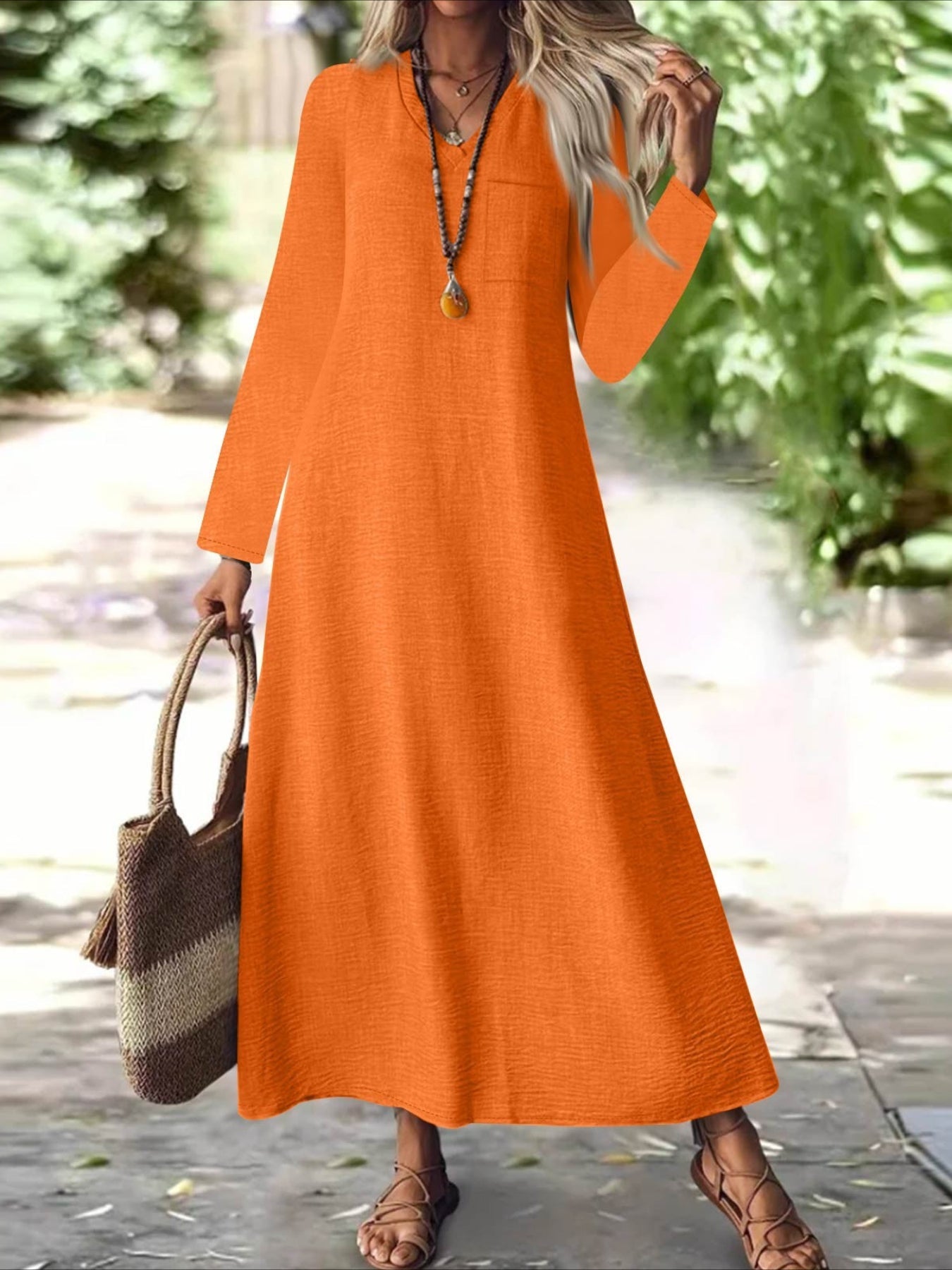 Back Zipper Solid Color Long Sleeve Cotton and Linen Dress