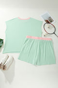 Clearly Aqua Plus Size Ribbed Color Block Trim Drawstring Shorts 2pcs Set