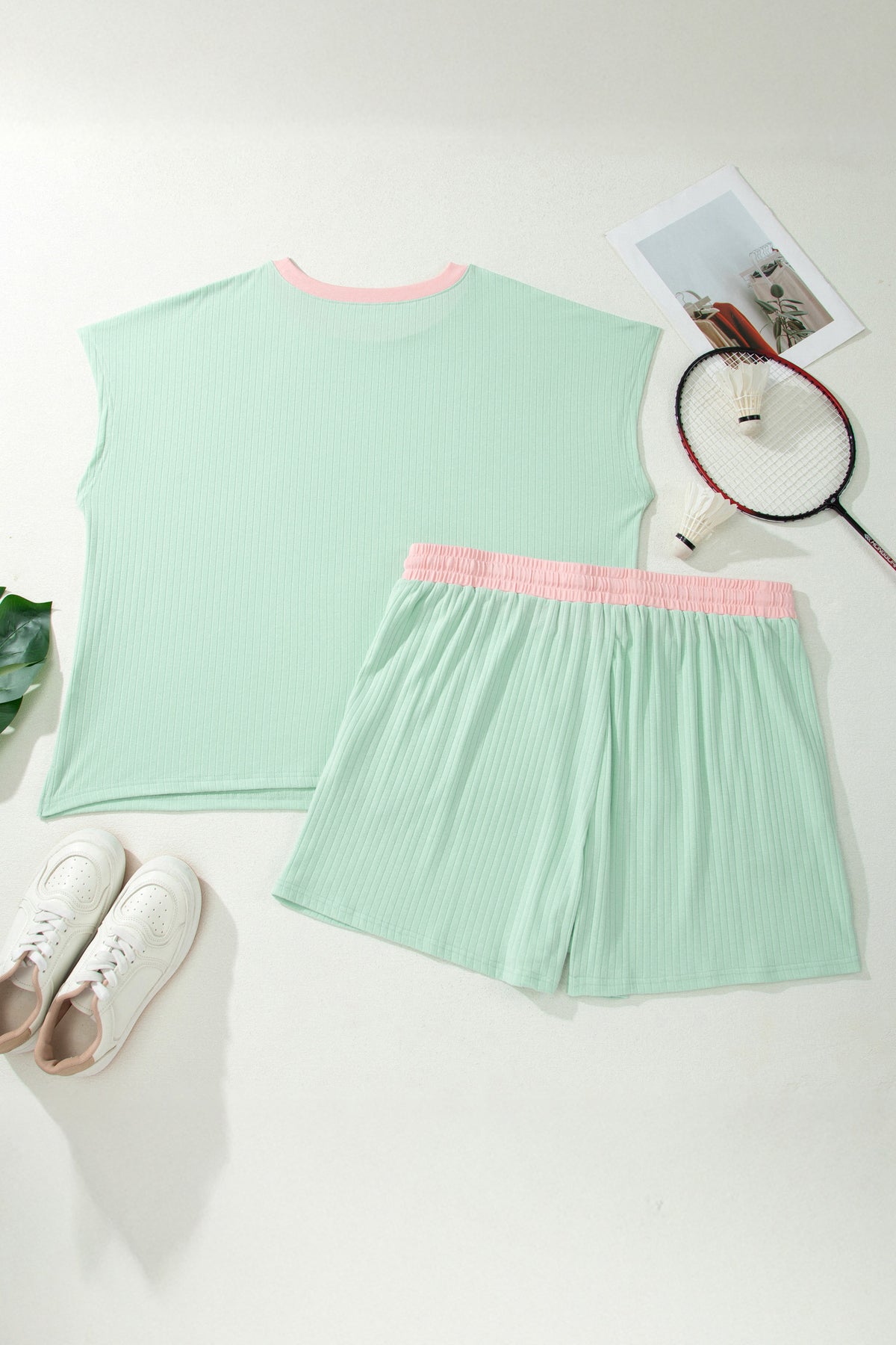 Clearly Aqua Plus Size Ribbed Color Block Trim Drawstring Shorts 2pcs Set
