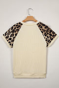 Apricot Ribbed Color Block Leopard Contrast Sleeve Loose Tee