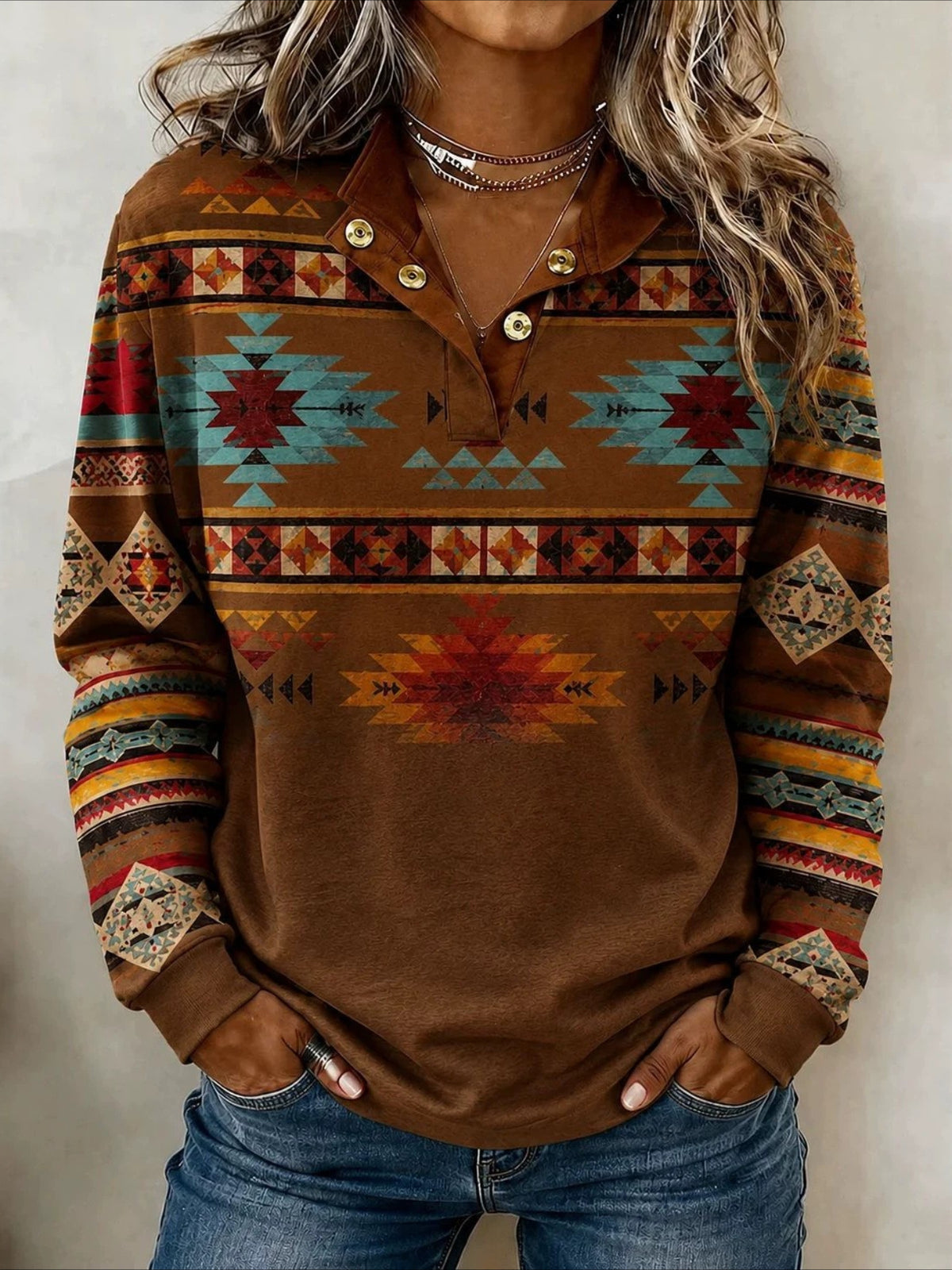 Ethnic Geometry Half Open Collar Vintage Spring/Fall Long Sleeve Sweatshirt