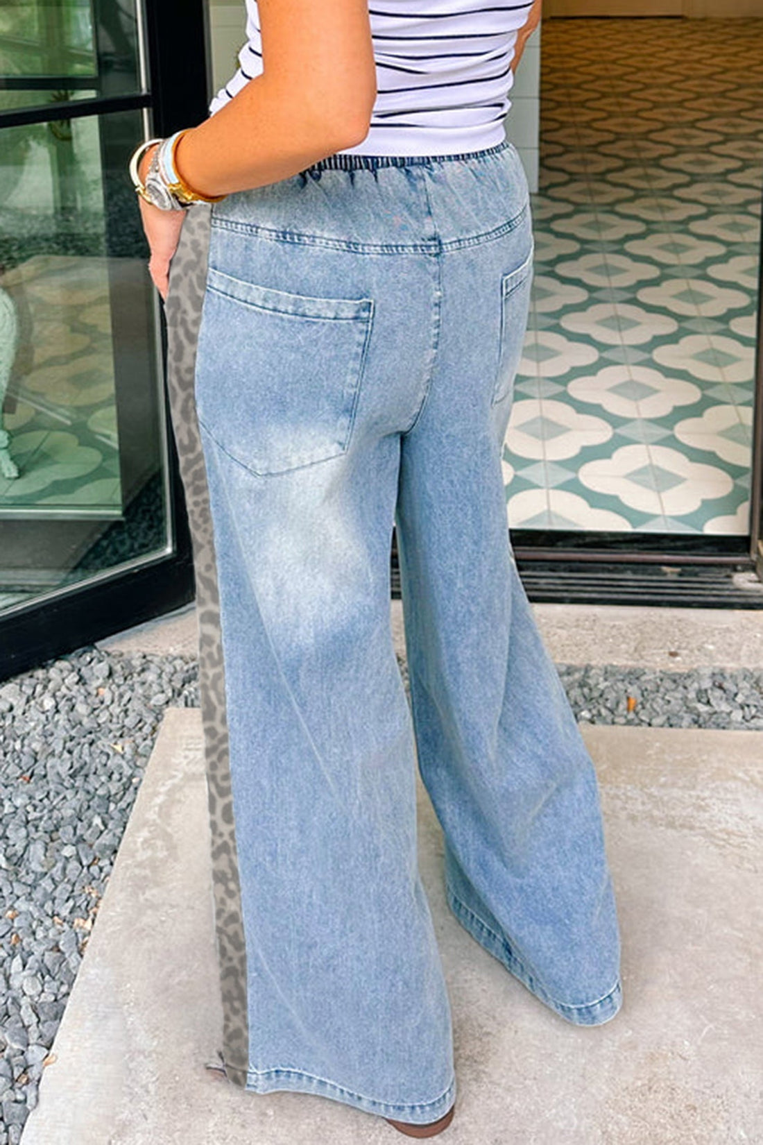 Beau Blue Drawstring Elastic Waist Leopard Striped Side Panel Wide Leg Jeans