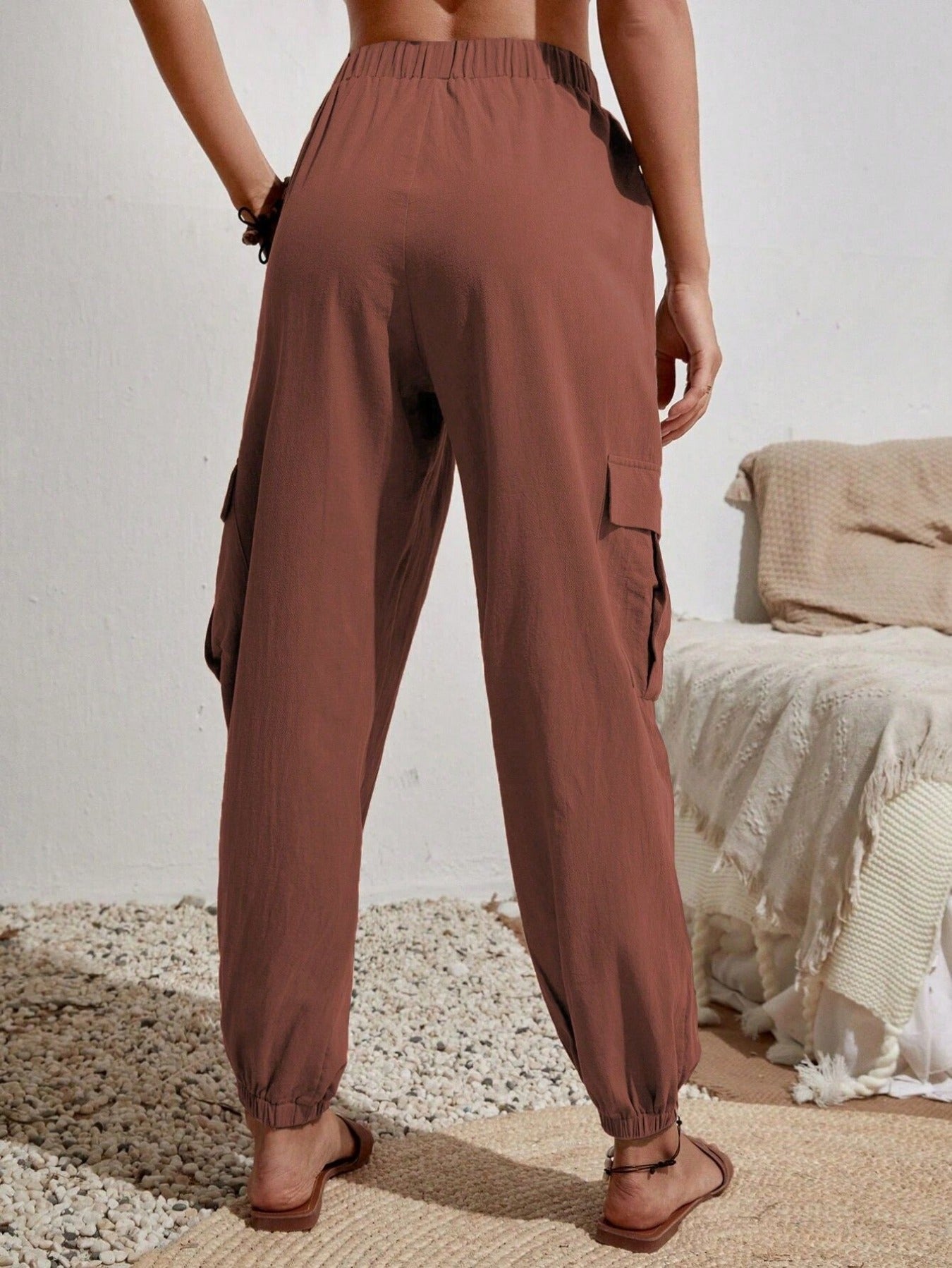 Solid Drawstring Pants, Casual Slant Pockets Cargo Pants