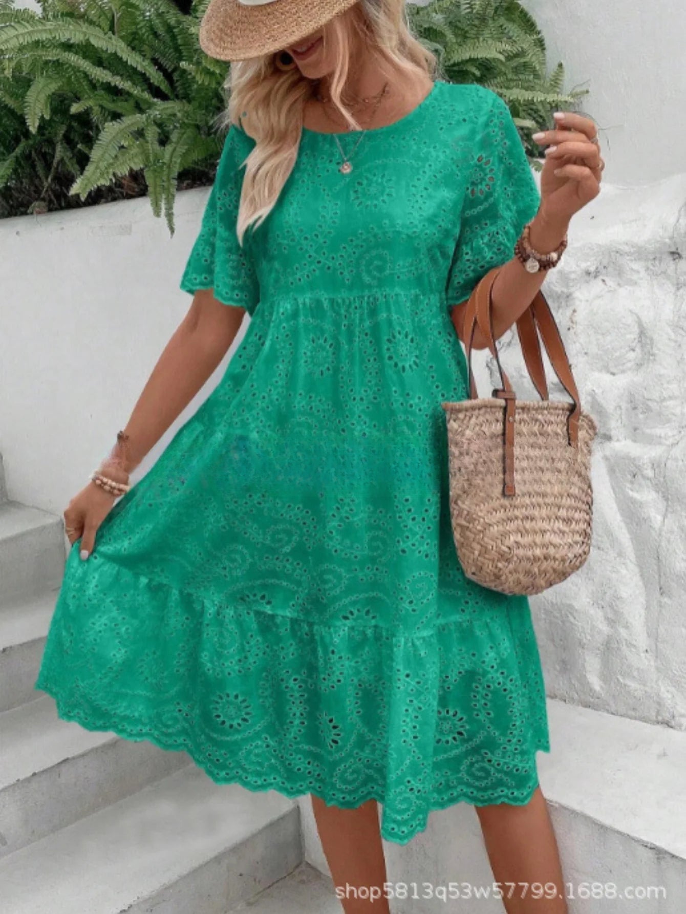 Embroidered Dress with a Hollowed-Out Lining in a Pure Color
