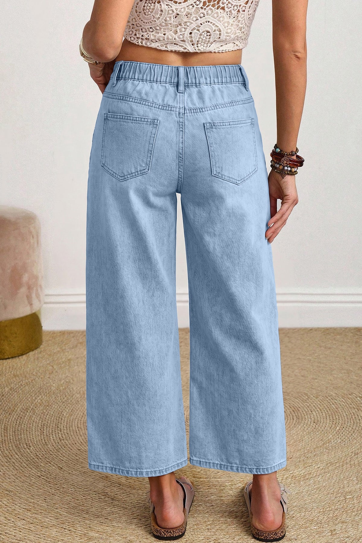 Beau Blue Solid Color Square Patch Pocket Ankle-length Barrel Jeans