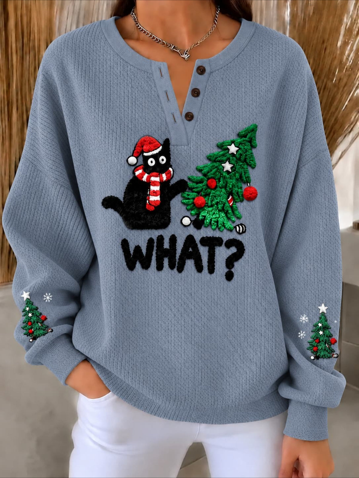 What?” Christmas Cat Textured-Knit Henley Sweatshirt
