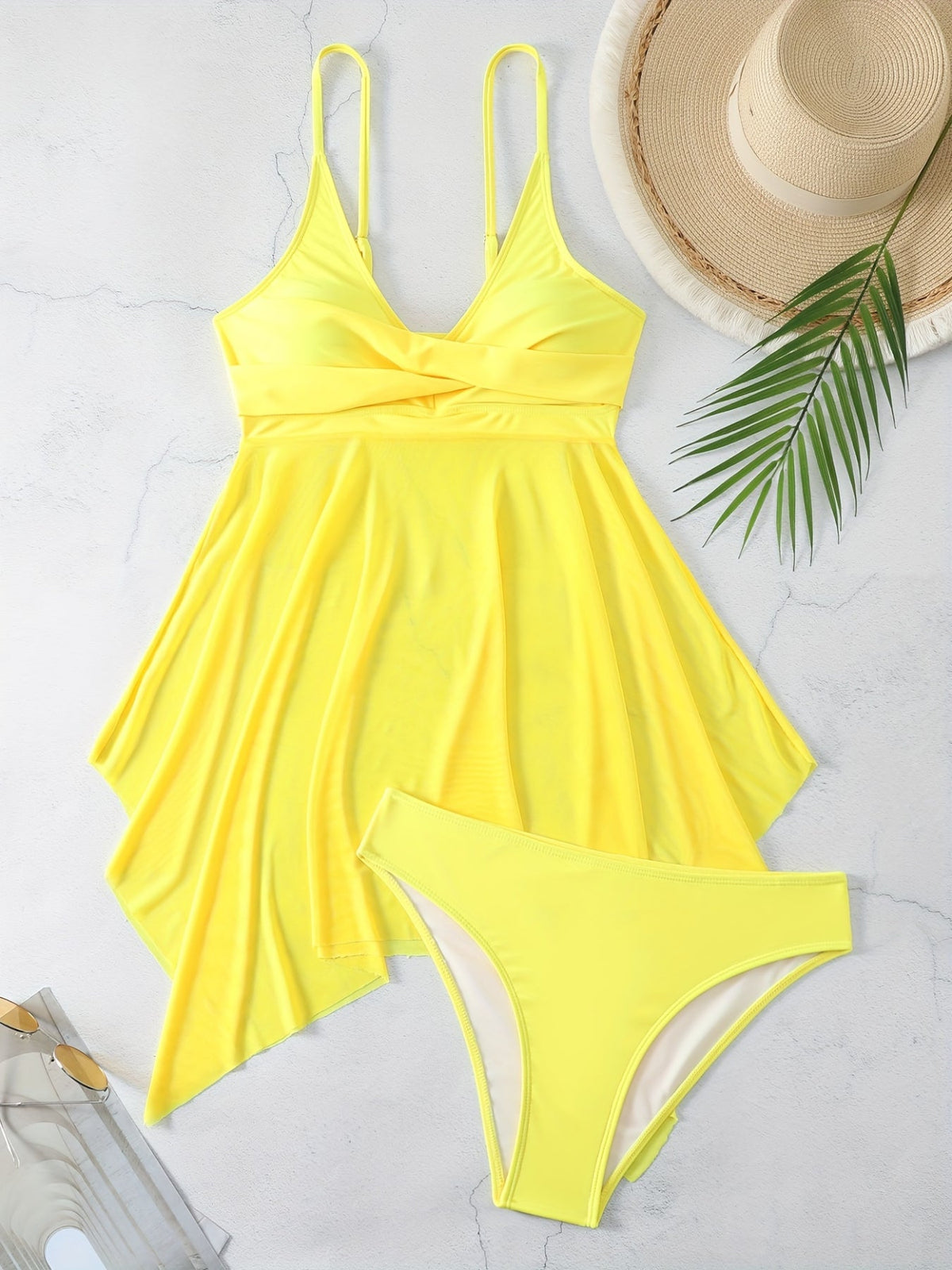 Plain Mesh Contrast Criss Cross Skirted 2 Piece Set Bikini, Scoop Neck Spaghetti Strap Twist Solid Color Swimsuit For Beach Pool Bathing