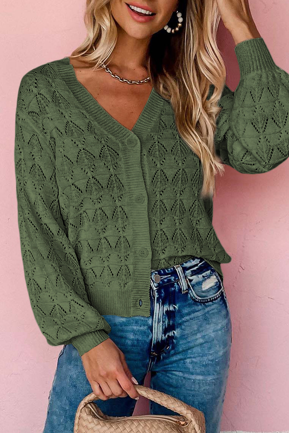 Green Lightweight Buttoned Front Crochet Cardigan