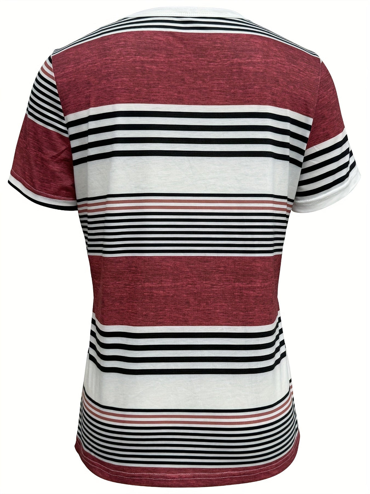 Button Front Vibrant Striped Short Sleeve Crew Neck T-Shirt
