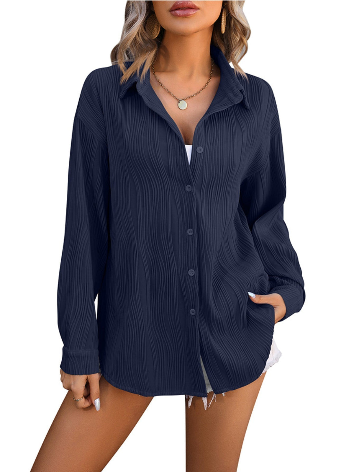 Solid Textured Button Front Shirt, Vintage Long Sleeve Shirt