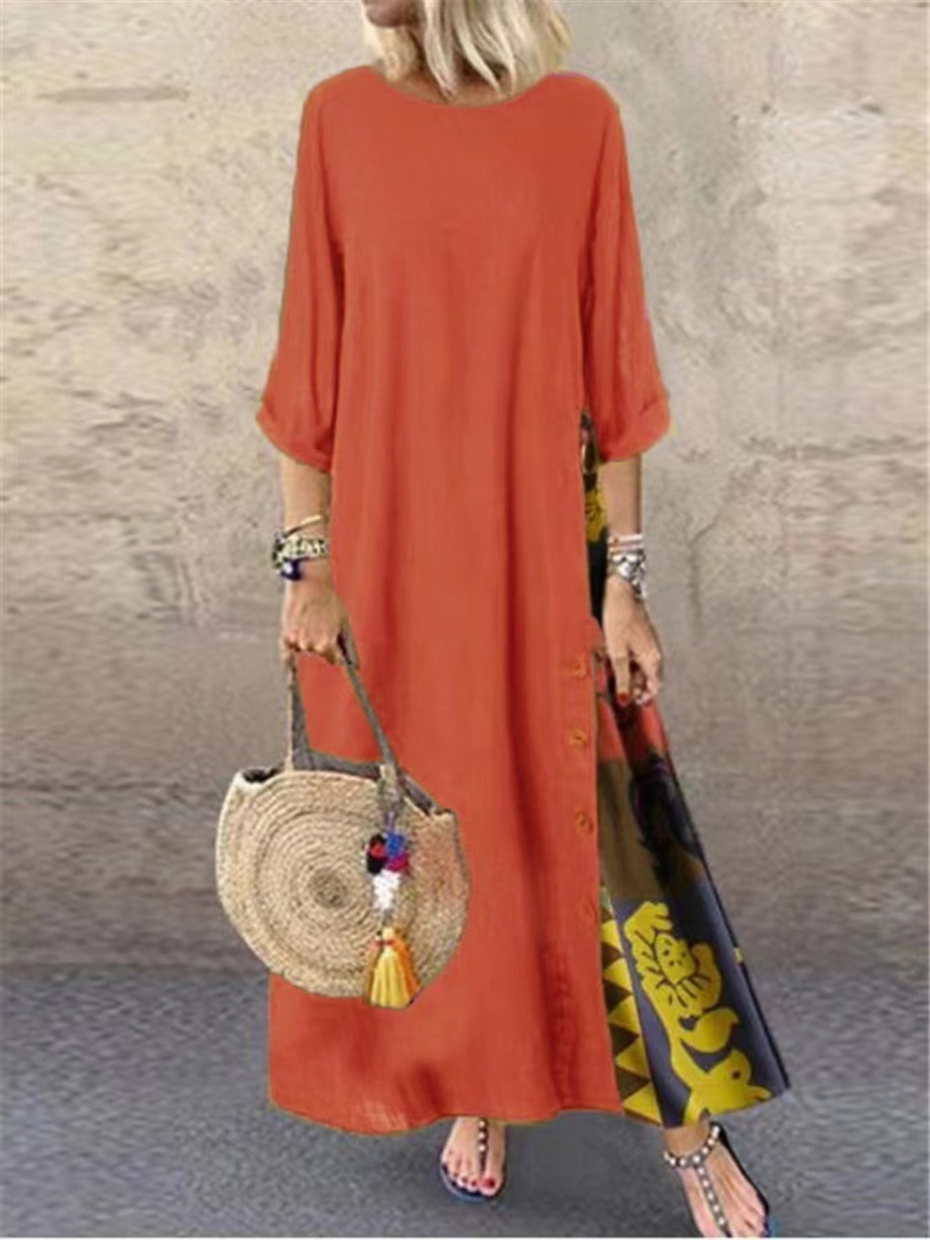 Tribal Print Crew Neck Panel Dress, Casual Long Sleeve Loose Maxi Dress